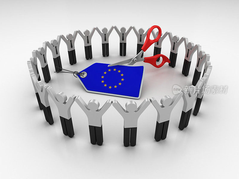 象形文字团队与欧盟旗帜价格标签和剪刀- 3D渲染